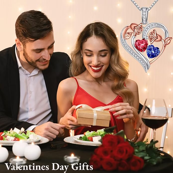 Iefil Valentines Day Gifts for Her - 925 Sterling Silver Rose Heart Necklace, Birthstone Jewelry, Anniversary Birthday Gifts for Wife Girlfriend Mom Daughter