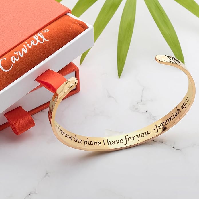 Carviell Engraved Cuff Bracelets for Women – Inspirational, Friendship, Love, Mom, Daughter, Sister, Christian, Graduation, Memorial & Wedding Gifts – 80+ Phrases – Stainless Steel, Gift-Ready