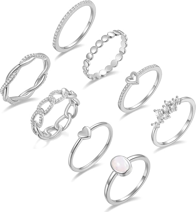 PLOMFOV 14K Gold/Silver Plated Stacking Rings Set for Women Non Tarnish CZ Heart Simple Cute Stackable Rings Dainty Trendy Gold Statement Rings Plain Band Size 4-12