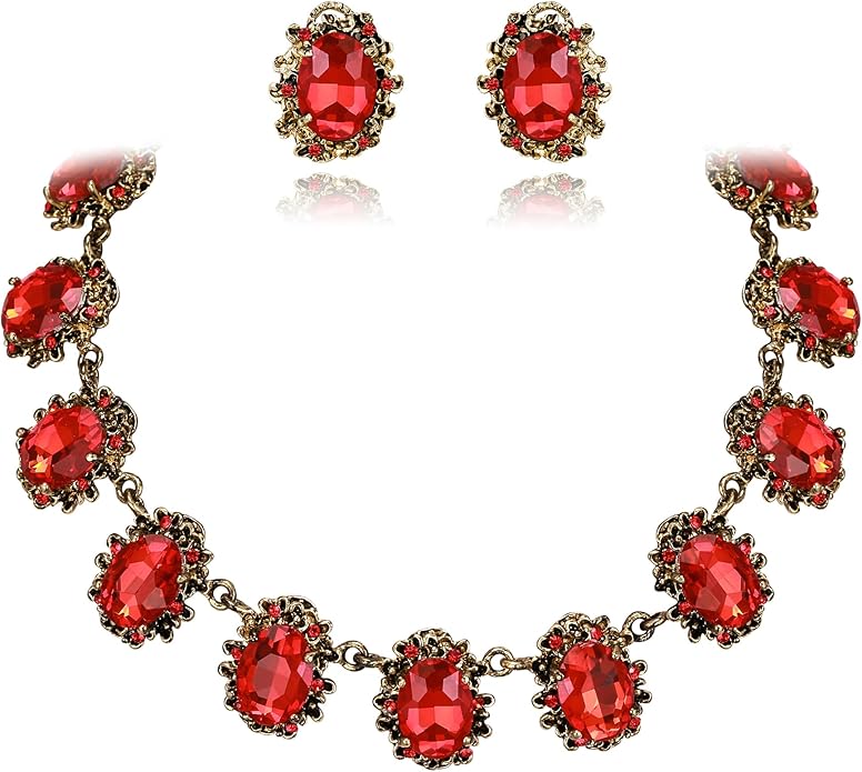 BriLove Victorian Style Statement Necklace Pierced Earrings Jewelry Set for Women Crystal Floral Cameo Inspired Oval Jewellery for Party Prom