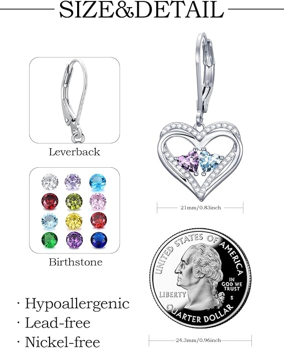 Valentines Day Gifts for Women, Heart Leverback Earrings Double Birthstone Dangle Earrings for Women, Love Jewelry for Her, Anniversary Birthday Gift for Mom Wife Girlfriend