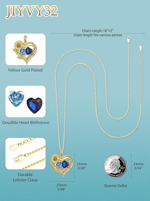 Sunflower Heart Necklace for Women 14K Gold Exquisite Valentines Day Anniversary Birthday Gifts for Wife Mother Her Double Birthstone Pendant Jewelry‘You Are My Sunshine’