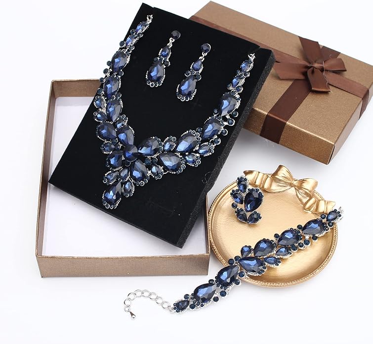 Women's Wedding Bridal Austrian Crystal Glass Teardrop Statement Necklace Dangle Earrings Bracelet Ring Wedding Party Jewelry Set for Bridal Bridesmaid