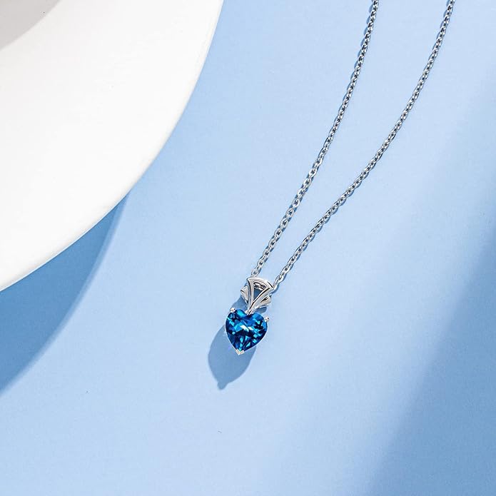 Agvana Valentines Day Gifts 14K White Gold Gemstone Pendant with Sterling Silver Chain 8mm Heart Birthstone Necklace for Women Fine Jewelry Anniversary Birthday Gifts for Women Mom Wife Girlfriend Her