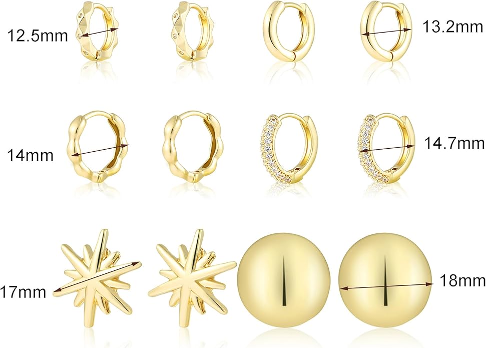 6 Pairs Gold Hoop Earrings Set for Women, 14K Gold Plated Small Huggie Hoops Earrings Hypoallergenic, Lightweight Tiny Cartilage Piercings Earrings Jewelry for Women Gifts.