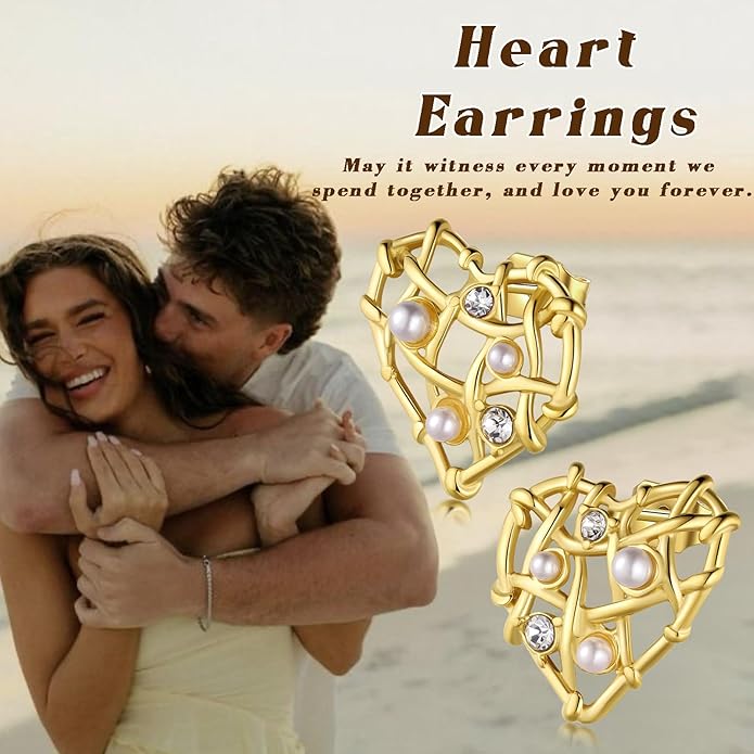 Vintage Gold Statement Stud Earrings, Stainless Steel Chunky Drop Dangle Thick Earrings, Geometric Design with Pearl Accents, Textured Sun Round Heart Pattern for Women