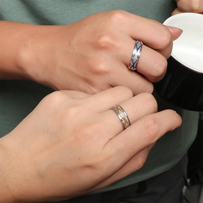 Enamel Band Rings for Women Men Stainless Steel Blue/Orange Ring Couple Enamel Valentine's Day Jewelry Gift