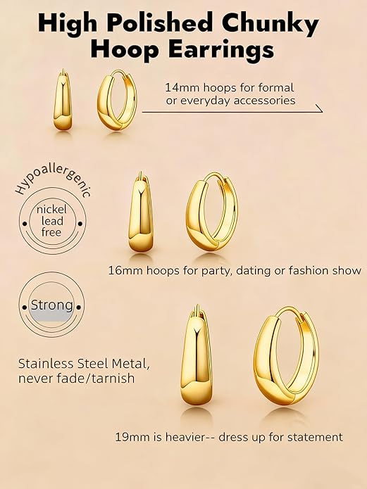Chunky Small Hoop Earrings for Women 14mm/16mm/19mm Stainless Steel Huggie Earrings Everyday Jewelry Gift for Wife Mom, with Gift Box