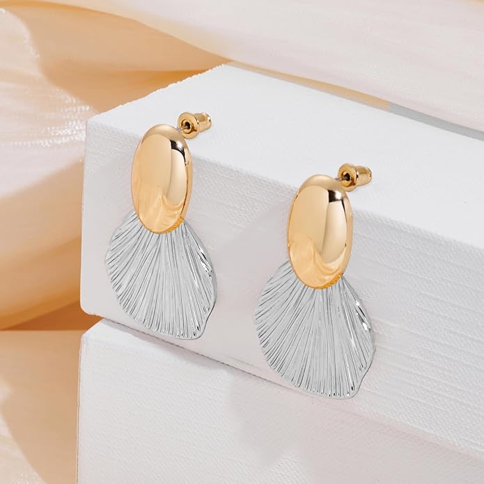 Gold Plated Earrings Dangle Chunky Fan-shaped Earrings Shell Earring for Women Two-Tone Fashion Statement Jewelry
