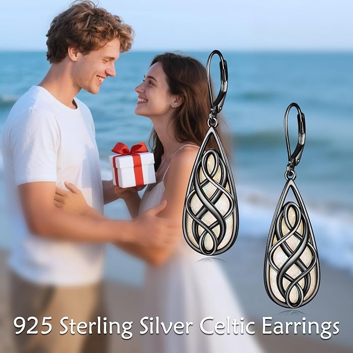 VONALA White Opal Celtic Knot Dangle Drop Earrings for Women 925 Sterling Silver Boho Chic Jewelry Gift for Women