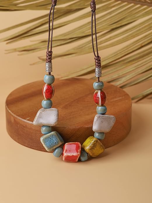 MINACHI Bohemian Hippie Colorful Ceramic Geometric Bead Strand Necklace, Vintage Boho Statement Jewelry Gift for Women