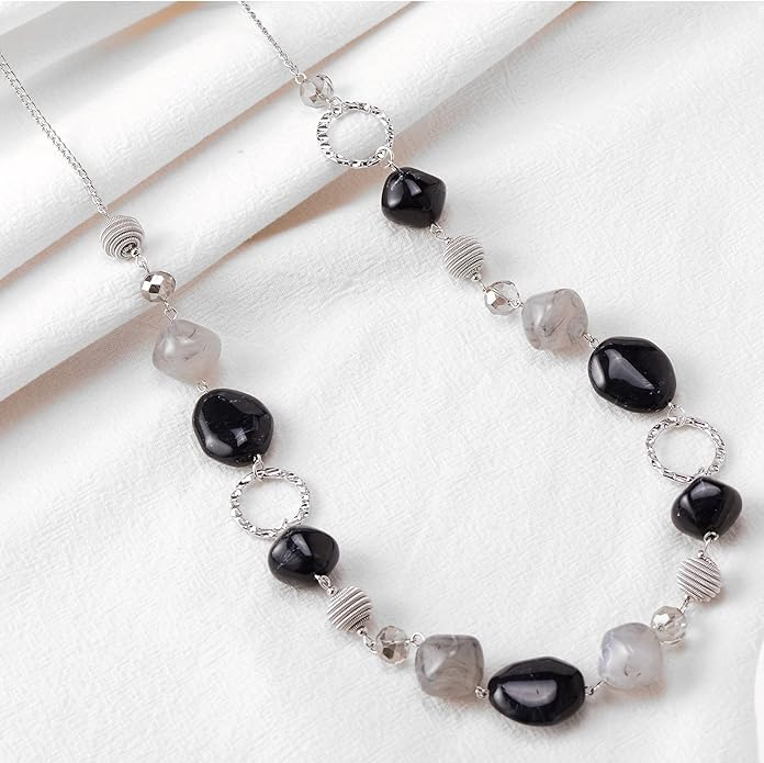 BULINLIN Beaded Long Necklace for Women Silver Sweater Chain Necklace with Crystal Resin Beads, Fashion Jewelry Necklace
