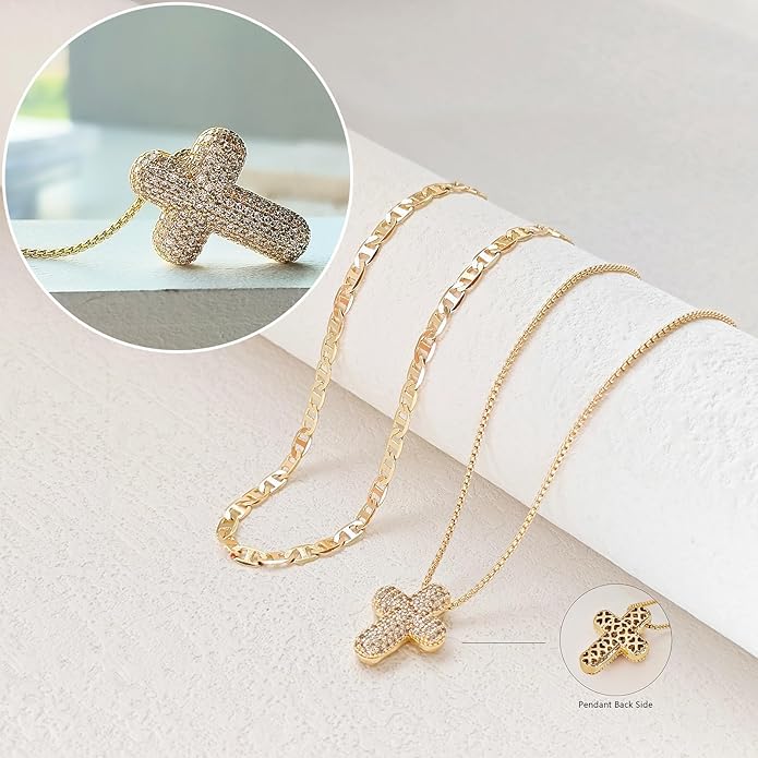 OGD Bubble Cross Necklace for Women 14k Gold Plated Cross Necklace Stackable Dainty Gold Necklace Mariner Chain Necklace CZ Cross Pendant Necklaces Set Simple Jewelry Gift