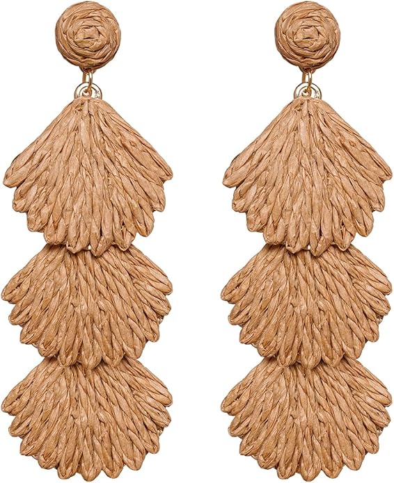 Raffia Dangle Earrings for Women - Boho Statement Rattan Drop Jewelry with Shell Design, Lightweight Summer Beach Trendy Accessories