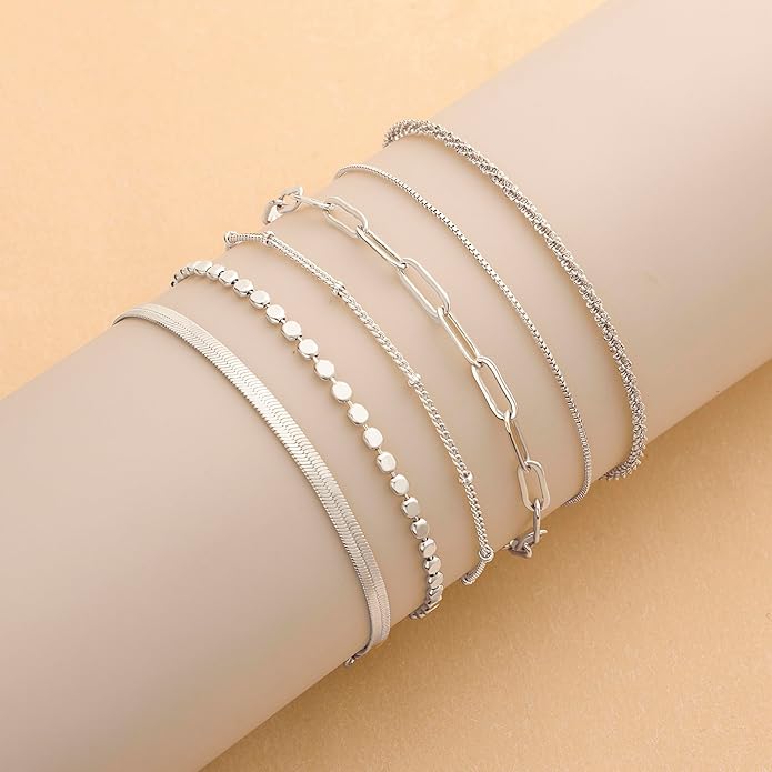 DEARMAY Dainty Silver Plated Bracelets for Women Trendy, Silver Jewelry Set for Women Bracelets for Women Paperclip Box Herringbone Figaro Rope Chain Bracelet Fashion Pack Gifts for Women