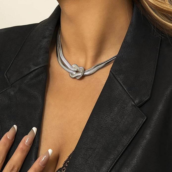 PLOUTOS Chunky Gold Knot Choker Necklace for Women Adjustable Double Snake Chain Design Bold Statement Fashion Jewelry Accessory For Party Daily Wear Gift