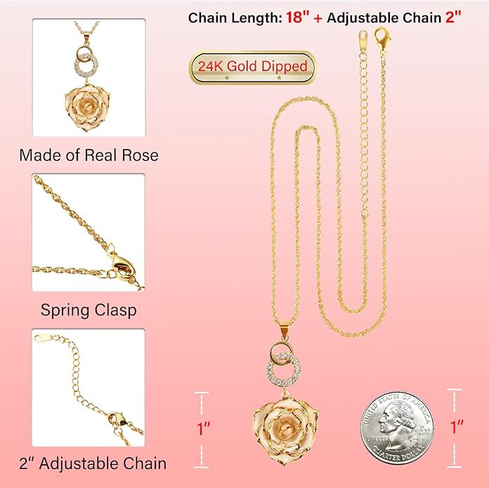 AliveRose Real Rose Gold Dipped Necklace Gifts for Women, 24K Gold Dipped Rose Pendant Necklace Jewelry Mothers Day Anniversaries Birthday Christmas Special Occasions Gifts for Her Mom Wife