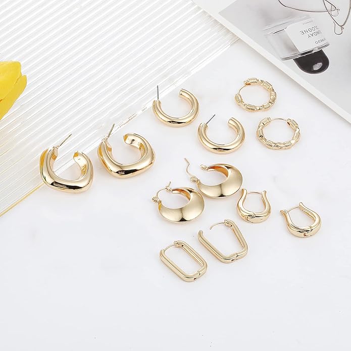 6 Pairs 14K Gold Plated Hoop Earrings for Women Lightweight Chunky Hoop Earrings Multipack Hypoallergenic, Thick Open Twisted Huggie Hoops Earring Set Jewelry for Gifts.
