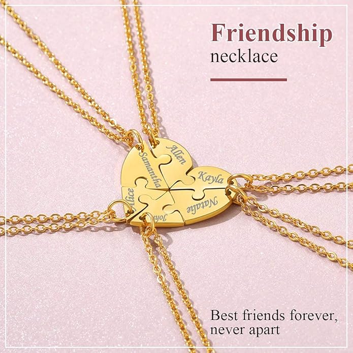 FindChic Personalized Matching BFF Necklace for 2/3/4/5/6 Puzzle Name Heart Pendant Stainless Steel Couple Necklace Set Customized Necklaces for Teen Girls