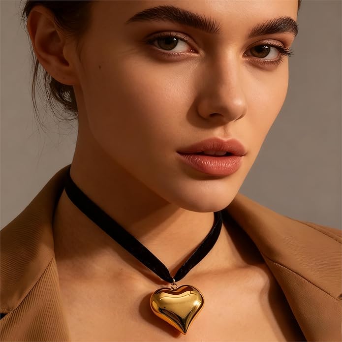 Black Cord 18K Gold Plated/Silver Heart Choker Necklace | Hypoallergenic Vibrant All-match Attractive Black String Love Necklace | Ingenious Design Emo Choker Necklace for Ladies