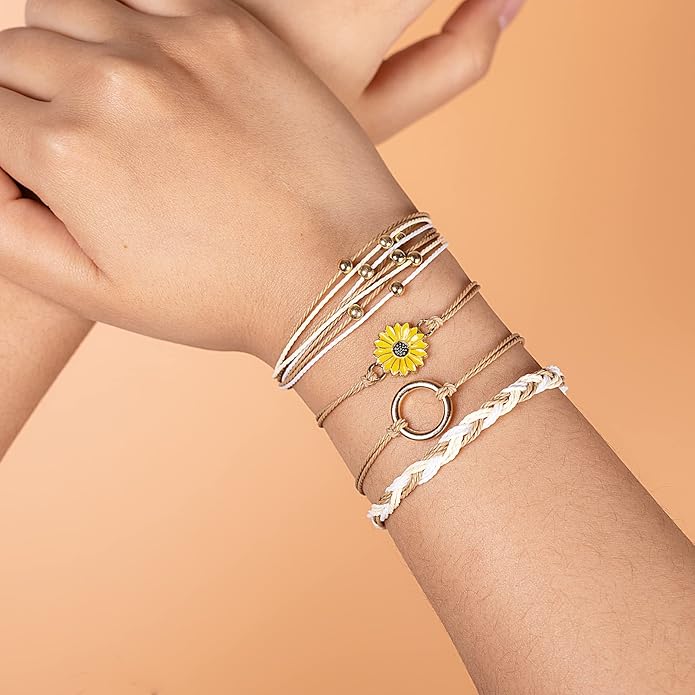 FANCY SHINY Sunflower String Bracelet Boho Braided Rope Wrap Bracelets Cute Summer Beach Surfer Jewelry for Women