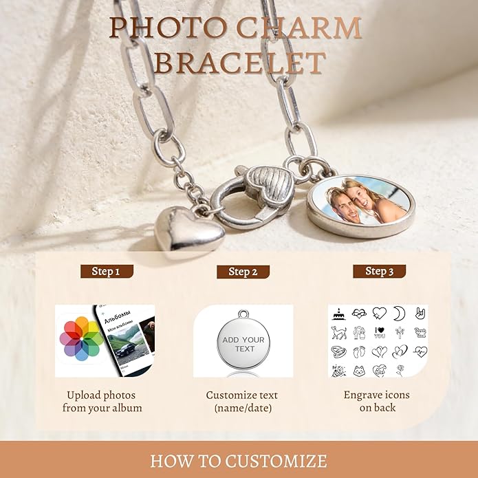 WBW Custom Photo Charm Bracelet for Women Personalized Picture Bracelet with Cute Heart Pendant Customizable Jewelry Chain Name Date Text Valentine‘s Day Gift for Her Girlfriend Wife