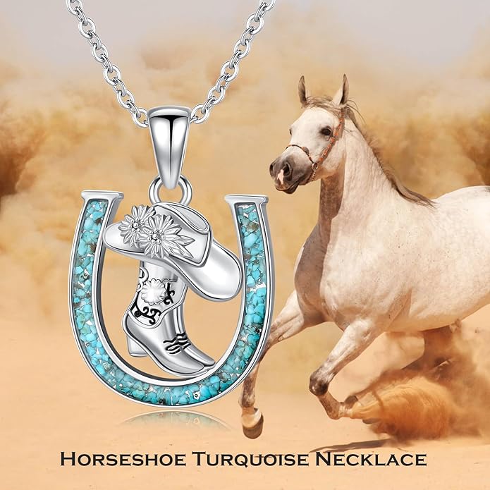 Western Cowboy Necklace 925 Sterling Silver Horseshoe Pendant Western Jewelry Cowgirl Gifts for Women Girlfriend Cowboy Cowgirl
