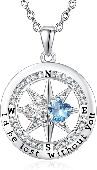 Compass Necklace for Women, Exquisite S925 Valentines Day Anniversary Birthday Gifts for Wife Her Double Birthstone Pendant Jewelry ‘I'd be Lost Without You’