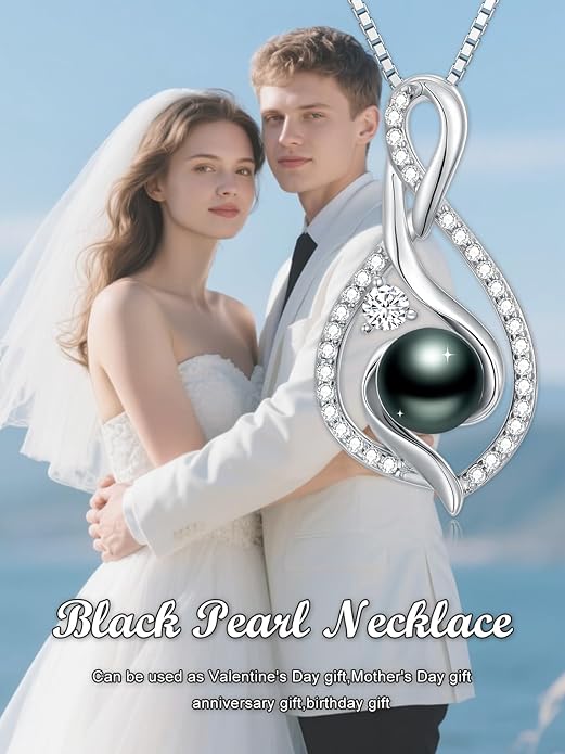 Tahitian Black Pearl 18K White Gold Plated Sterling Silver Heart/Infinity/Four Leaf Clover Pendant Necklace Jewelry Gifts for Women Wife Mom Girlfriend Wedding Birthday Anniversary Christmas