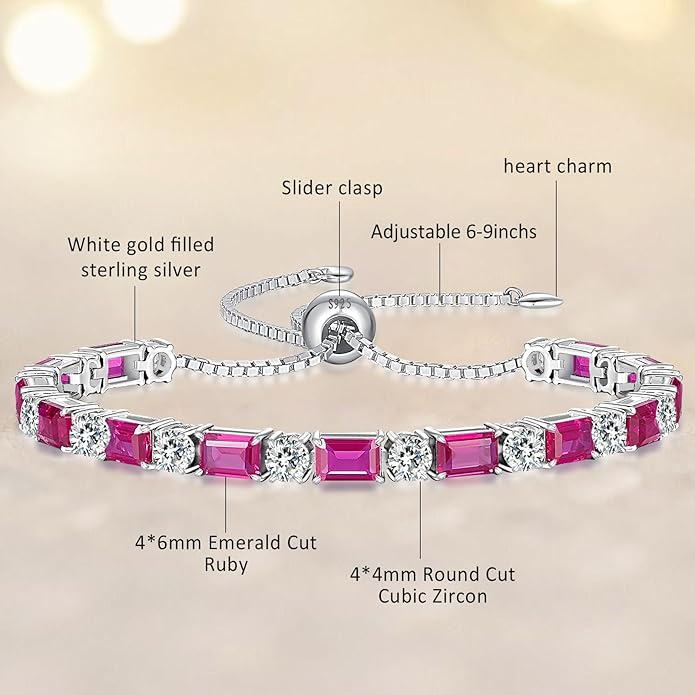 Birthstone Tennis Bracelets for Women White Gold Sterling Silver Gemstone Bracelets Adjustable Chain 6-9 Inchs Jewelry Anniversary Birthday Gifts for Women Mom Wife Her