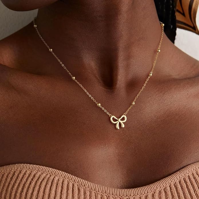 Valentines Day Gifts for Her - Dainty Bow Necklace for Women 14K Gold Plated Cute Choker Small Pendant Charm Necklaces Teen Gift Trendy Stuff Personalized Jewelry