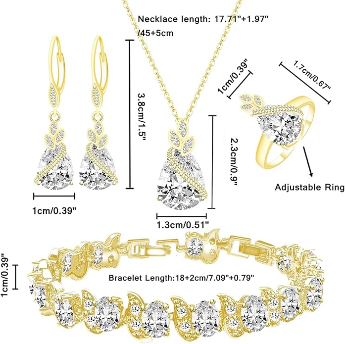 LMXXVJ Jewelry Set for Women,Teardrop Cubic Zirconia Necklace Earrings Adjustable Ring Bracelet Jewelry Set Formal Jewelry Gift