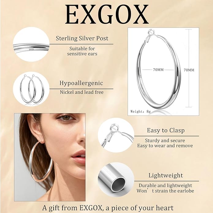 EXGOX Sterling Silver Hoop Earrings - Hypoallergenic, Lightweight, Chunky, 14K Real Gold Plated, Big Large Hoops for Women