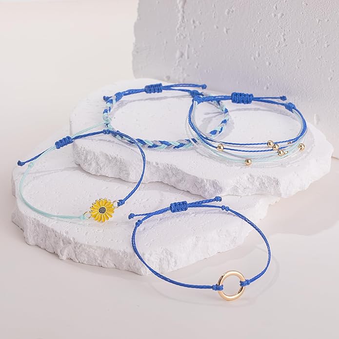 FANCY SHINY Sunflower String Bracelet Boho Braided Rope Wrap Bracelets Cute Summer Beach Surfer Jewelry for Women