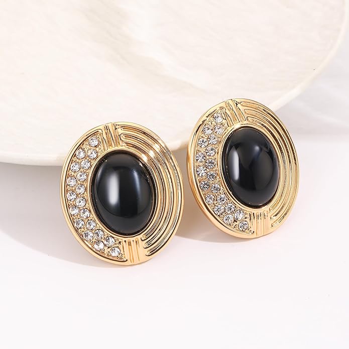 Statement Chunky Gold Earrings for Women,Crystal Rhinestone Accents Large Stud with Stone and Pearl