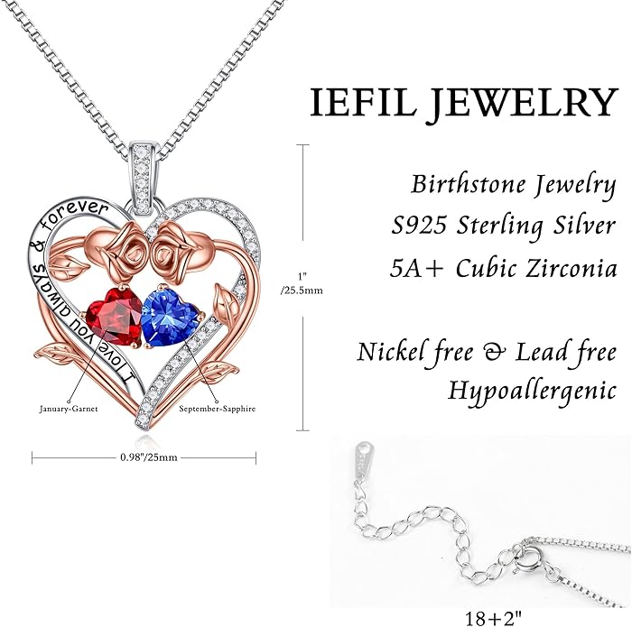 Iefil Valentines Gifts for Her Wife Women - Rose Heart Double Birthstone Necklace Gift for Wife Girlfriend Her Women, Birthstone Jewelry Gemstone Birthday Gifts for Mom Grandma Her