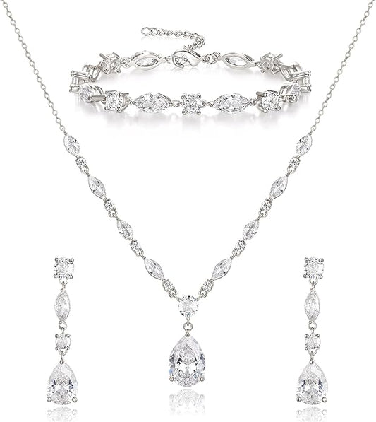 Crysdue Teardrop Bridal Jewelry Set for Wedding Party, Silver/14K/Rose Gold Plated Prom Costume Jewellery for Bride Bridesmaids Women, Cubic Zirconia Necklace Dangle Earrings Bracelet