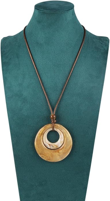 Boho Leather Necklace Women Bohemian Brown Circle Pendant Necklace Choker Long Necklaces for Women Boho Ring Large Pendant
