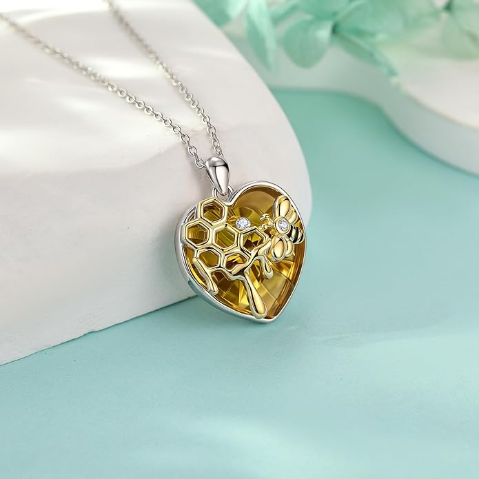 SNOWELLE Bee Necklace 925 Sterling Silver Heart Honey Bee Pendant Honeycomb Necklace Cute Animal Jewelry Gifts for Women