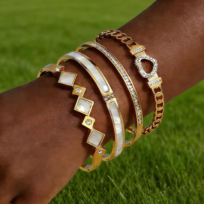 ZhiRui Women's 18K Gold Plated Stackable Bracelet Set - Waterproof Mother of Pearl Heart Cubic Zirconia Jewelry Gifts for Women