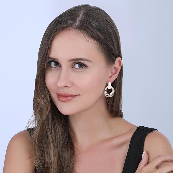 Rose Gold Hoop Earrings for Women, 925 Silver-Plated Thickened Hypoallergenic Earrings, CZ Black Gemstone-Inlaid Earrings - Women's Fashion Jewelry