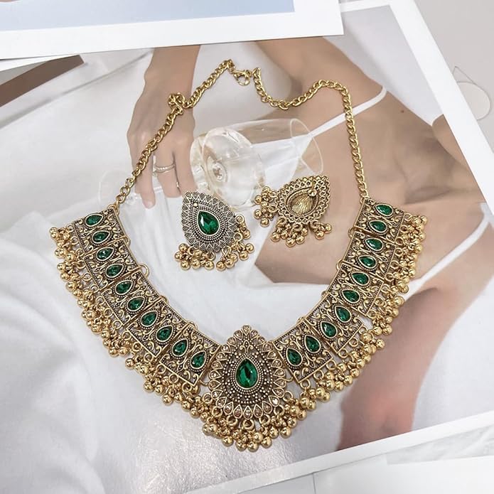 Indian Wedding Bridal Traditional Bohemian Jewellery Set for Women Girls Antique Oxidized Ethnic Party Prom Wear Statement Necklace Earring Tassel Bollywood Choker Punk Crystal Fashion Gift for Bride