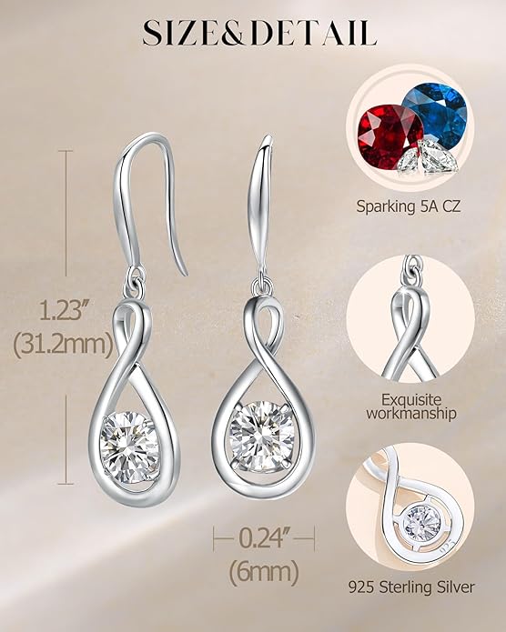 FANCIME Valentines Day Gift Dangle Drop Earrings 925 Sterling Silver Dainty Infinity Round Gemstone Birthstone Jewelry Birthday Gifts for Her Women