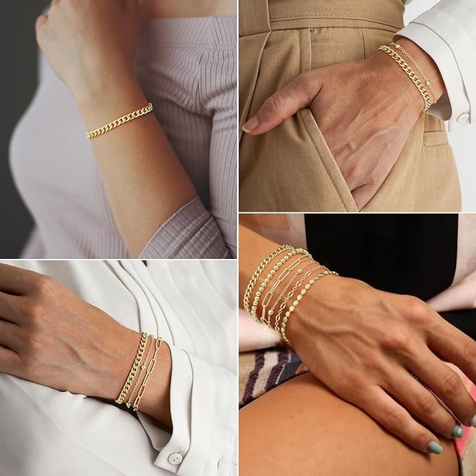 Emibele Gold Bracelets for Women, Dainty Adjustable 14K Gold Plated Bracelet Stack, Elegant Beaded Link Chain Bracelet Sets, Jewelry Gifts for Women