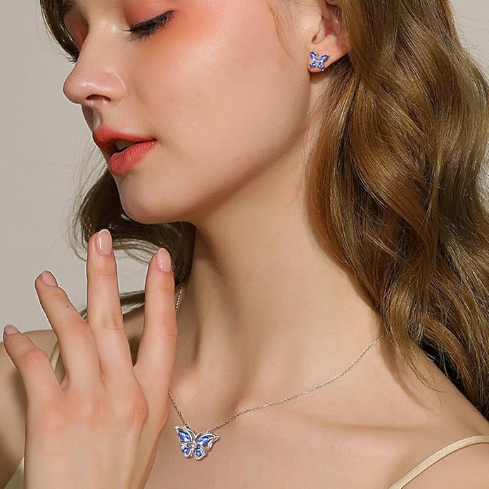 925 Sterling Silver Birthstone Butterfly Jewelry Women Crystal Animal Cute Butterflies Birthday Necklace/Earring/Ring/Bracelet Sets Birth Stone Statement Anniversary Jewellery