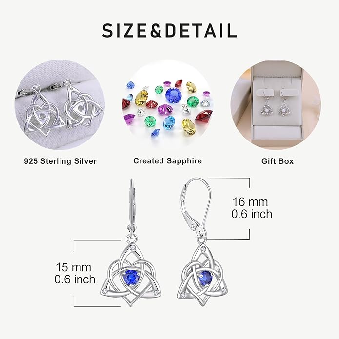 Starchenie Celtic Knot Dangle Earrings Sterling Silver Trinity Love Knot Leverback Earrings Gemstones Jewelry for Women