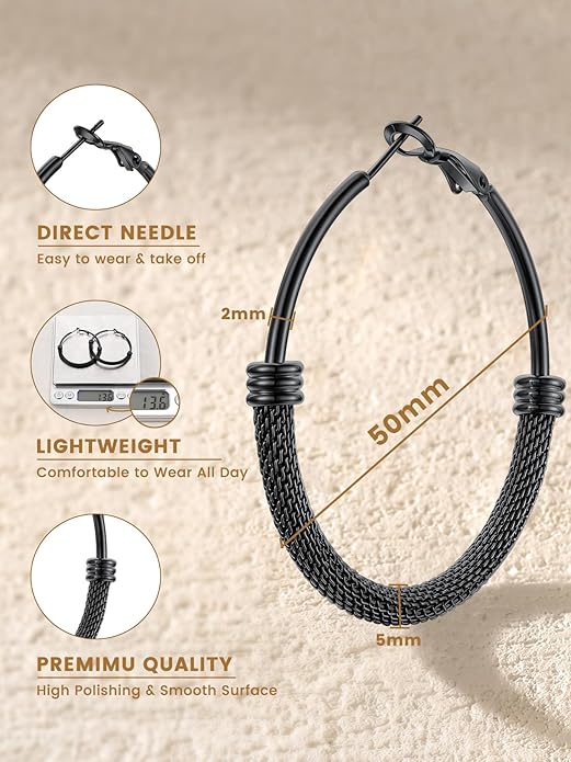 KeyStyle Mesh Hoop Earrings for Women, Stainless Steel Gold Hoops Earring Lightweight Loops, 2MM Thick Hypoallergenic Circle Endless Hollow Hoop 20mm-80mm