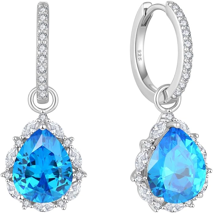 Women 925 Sterling Silver Birthstone Teardrop Huggie 14mm Hoop Drop Dangle Earrings 5A Cubic Zirconia Jewelry