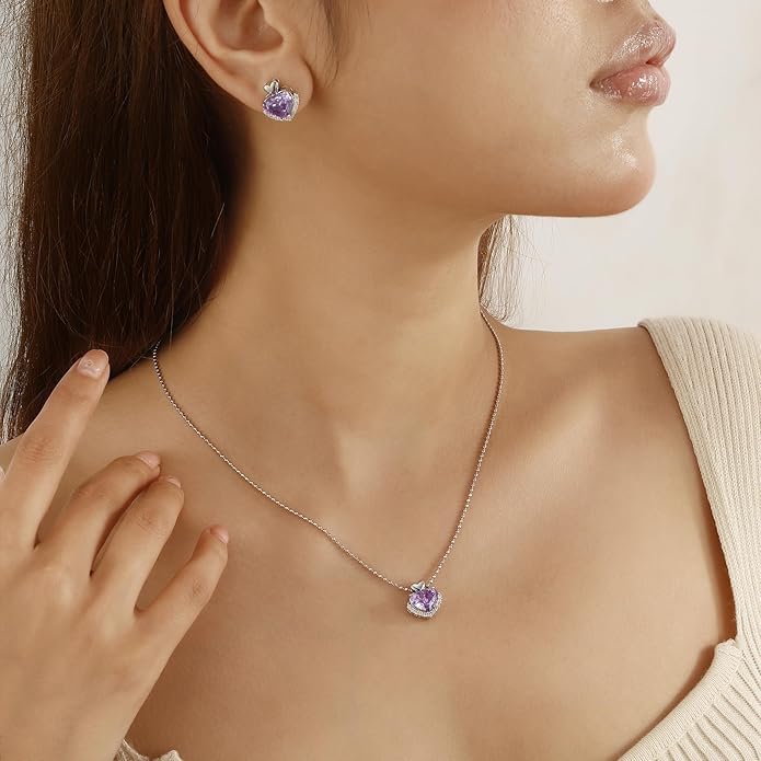 Love Heart Necklaces and Earrings with Rose Cut Birthstone Silver Plated Elegant Jewelry Set for Women CS0002