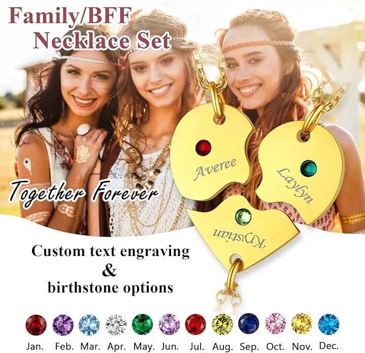 FindChic Personalized Matching BFF Necklace for 2/3/4/5/6 Puzzle Name Heart Pendant Stainless Steel Couple Necklace Set Customized Necklaces for Teen Girls